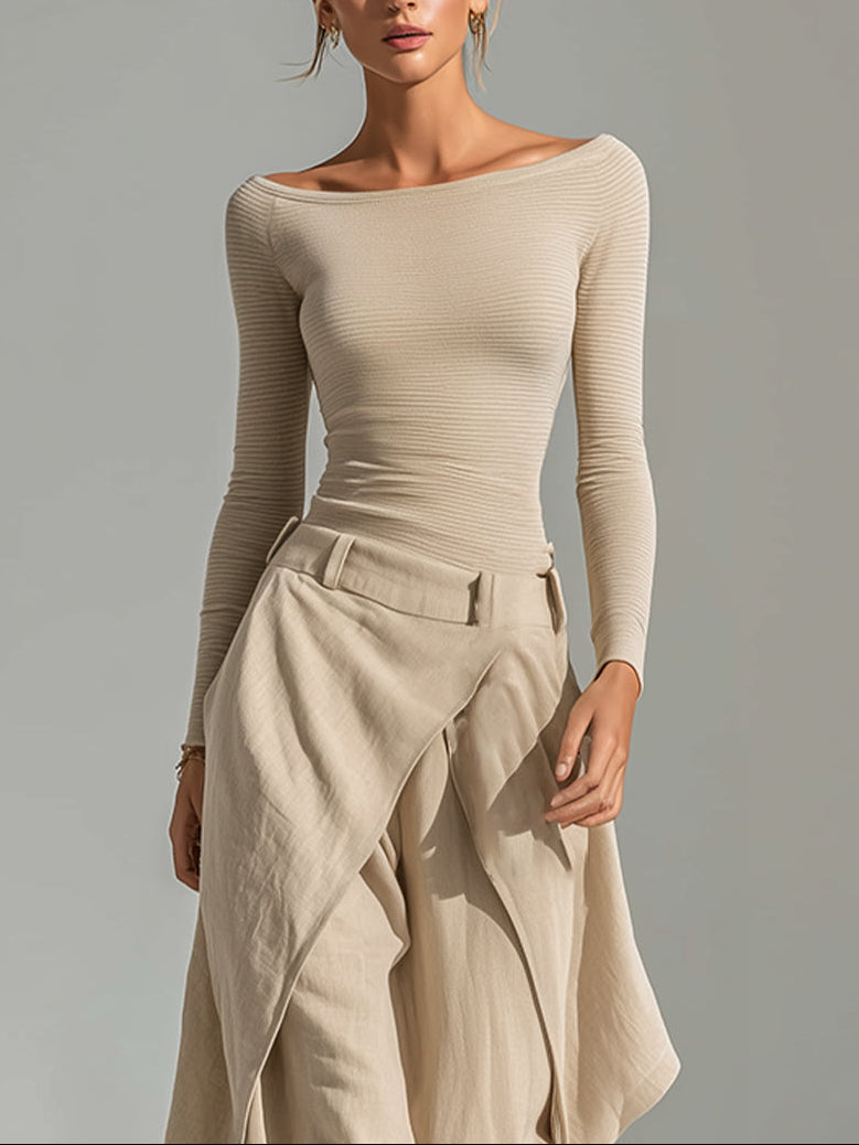 Éveline | Conjunto con top beige de cuello barco y unos pantalones anchos con volantes