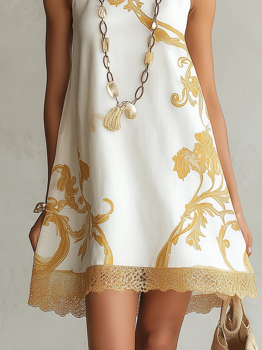 Heloisa| Vestido mini de encaje blanco con motivos dorados