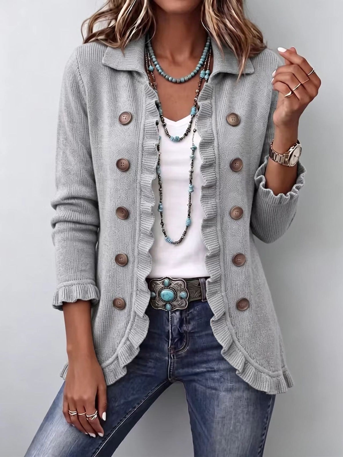 Manoli | Blazer Gris Jaspeado con Volantes