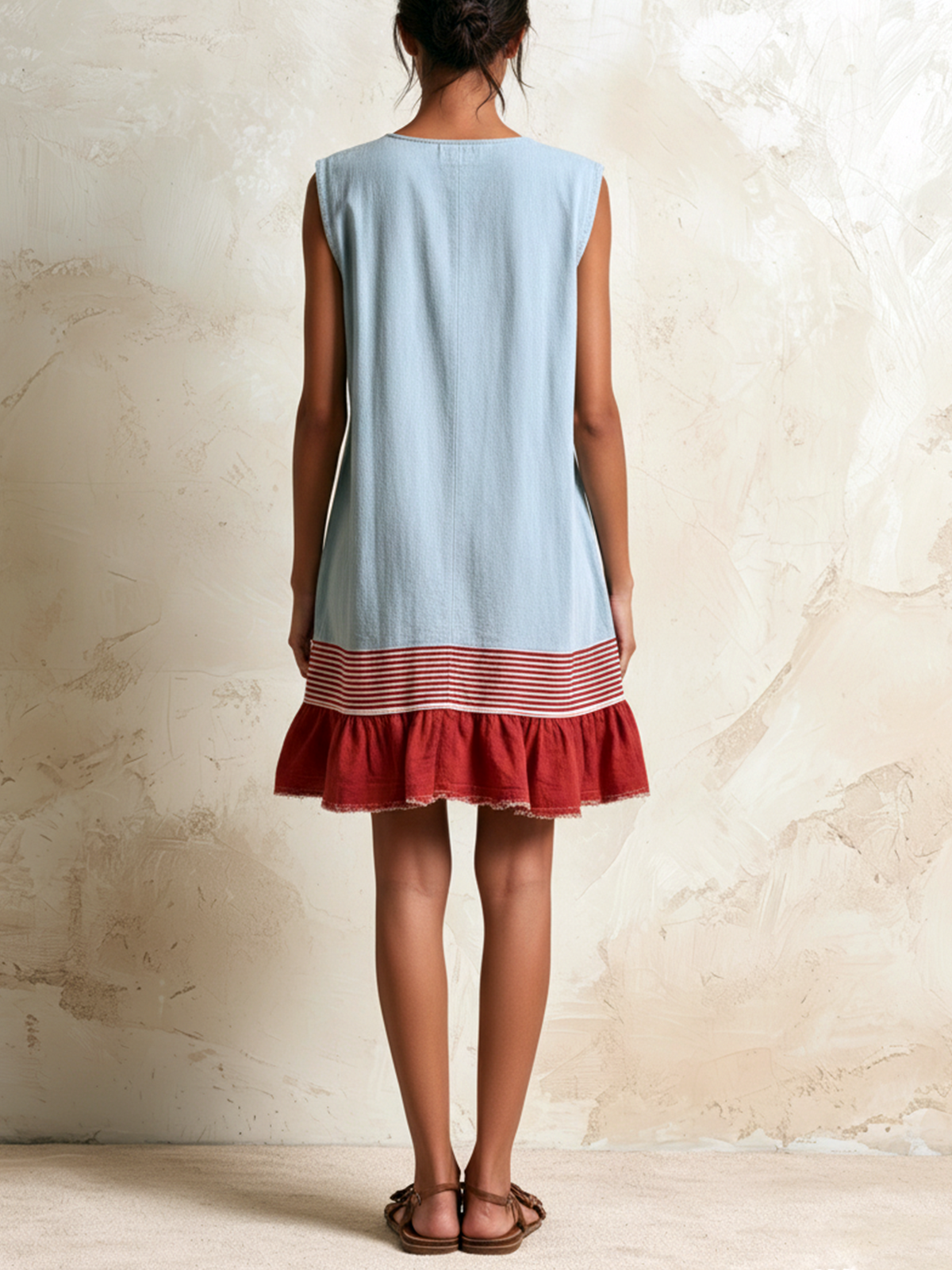 Katia | Vestido túnica sin mangas de color azul claro con una franja roja y bajo fruncido