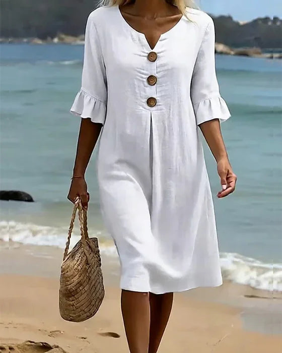 Vanesa™ | Vestido con textura, mangas abullonadas y botones