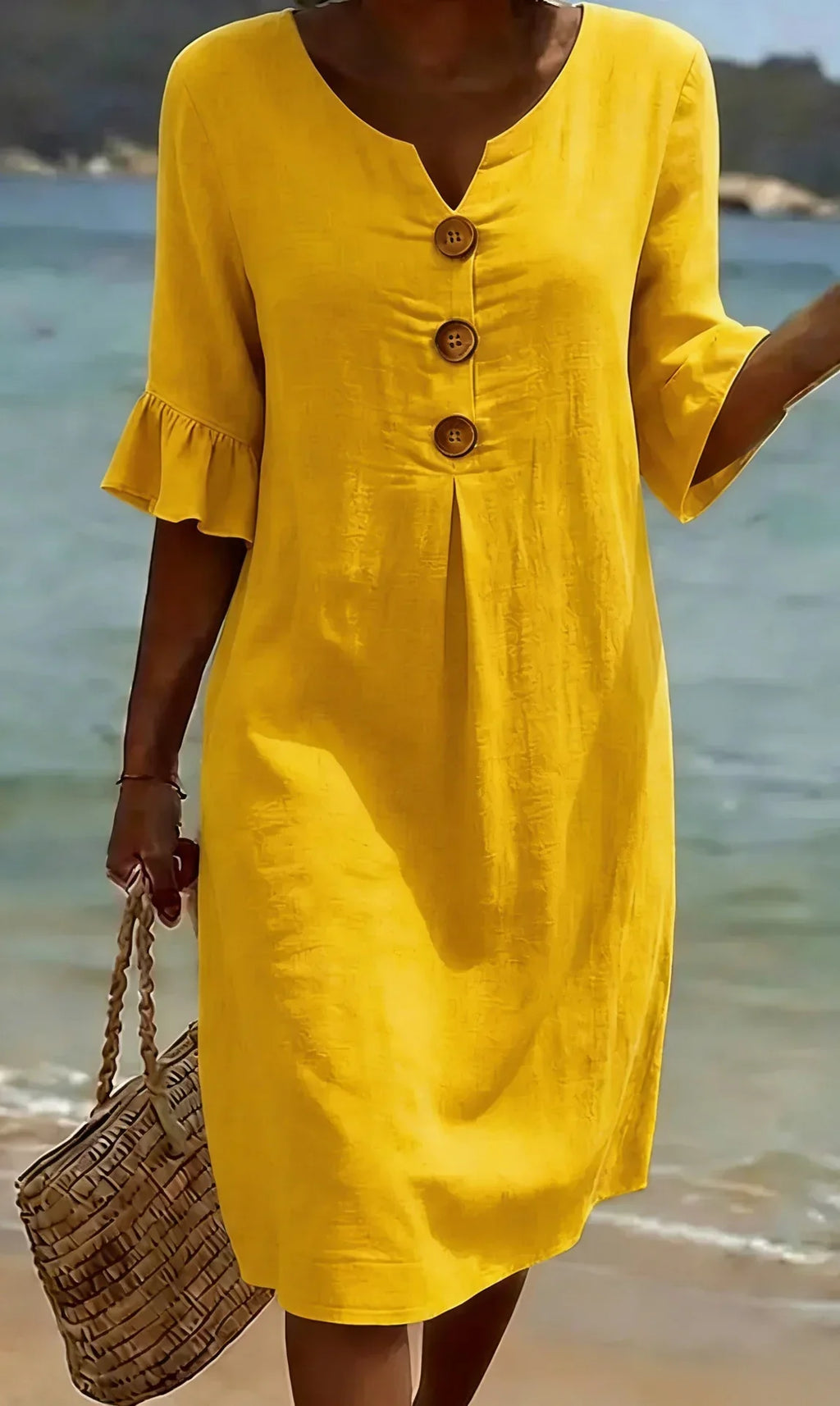 Vanesa™ | Vestido con textura, mangas abullonadas y botones