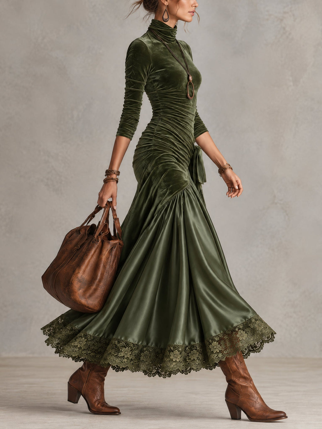 Vestido largo verde oliva con bajo de encaje