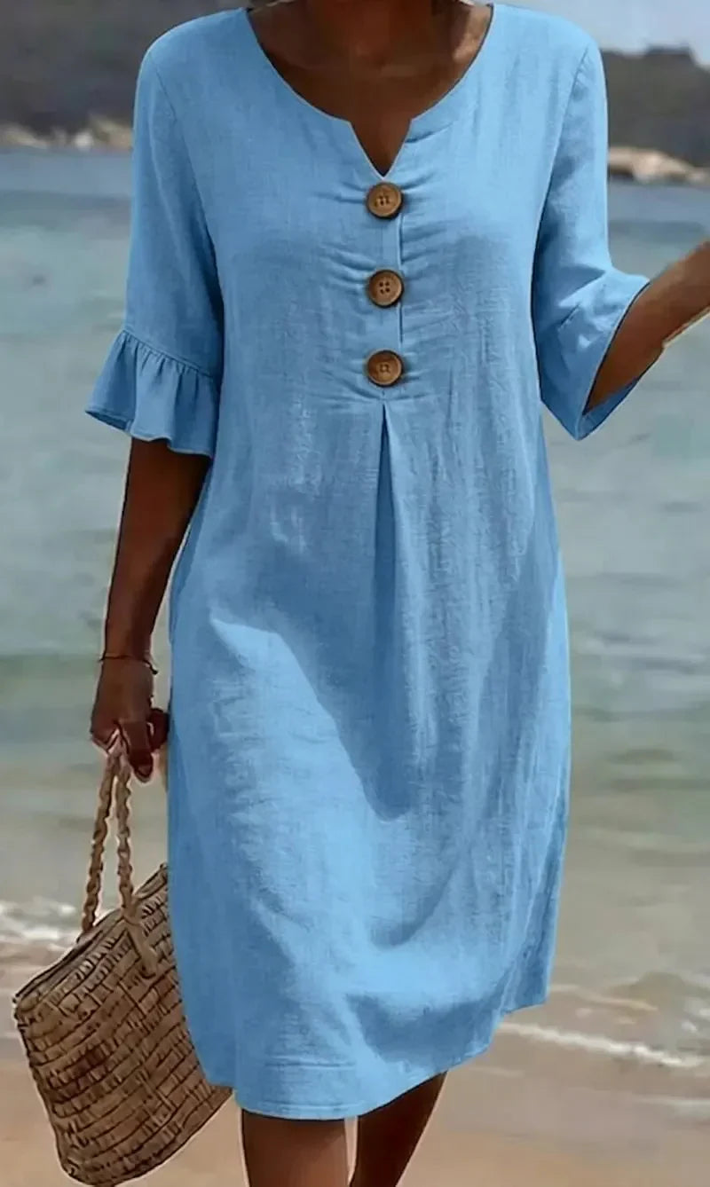 Vanesa™ | Vestido con textura, mangas abullonadas y botones