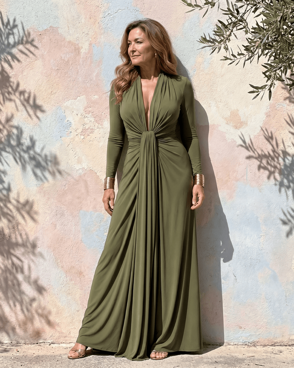 Vimmer | Vestido Maxi de Manga Larga con Escote en V Profundo