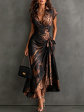 Vestido midi cruzado con estampado abstracto marrón y negro