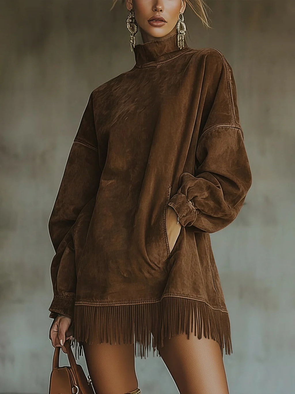 Gabrielle | Vestido de efecto ante con cuello alto y flecos