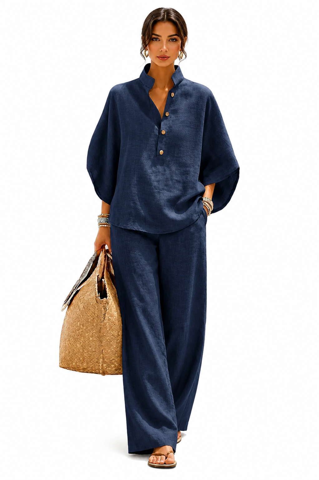 Maribel | Conjunto de lino con mangas murciélago y pantalón ancho
