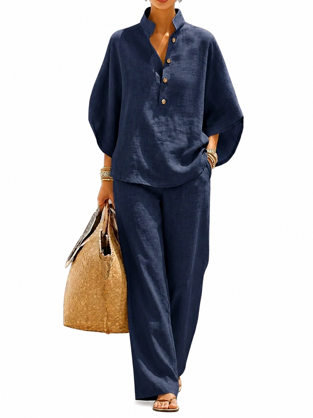 Maribel | Conjunto de lino con mangas murciélago y pantalón ancho