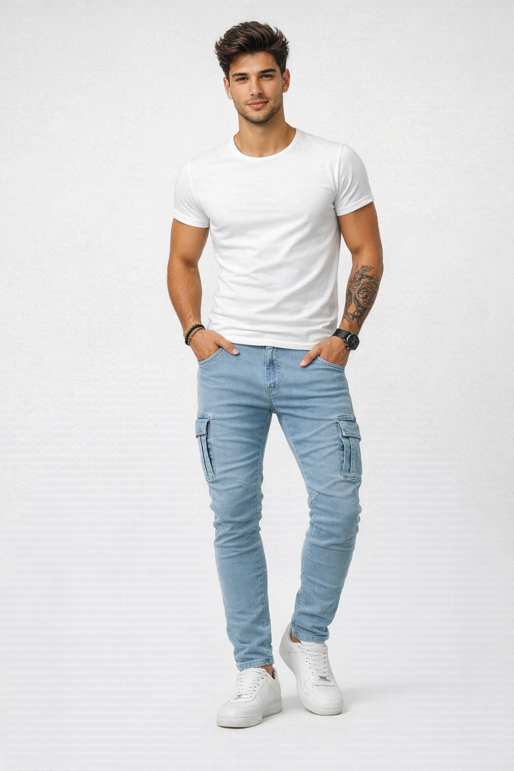 Vaquero Cargo Slim Fit Azul Claro – Estilo Urbano y Comodidad Premium