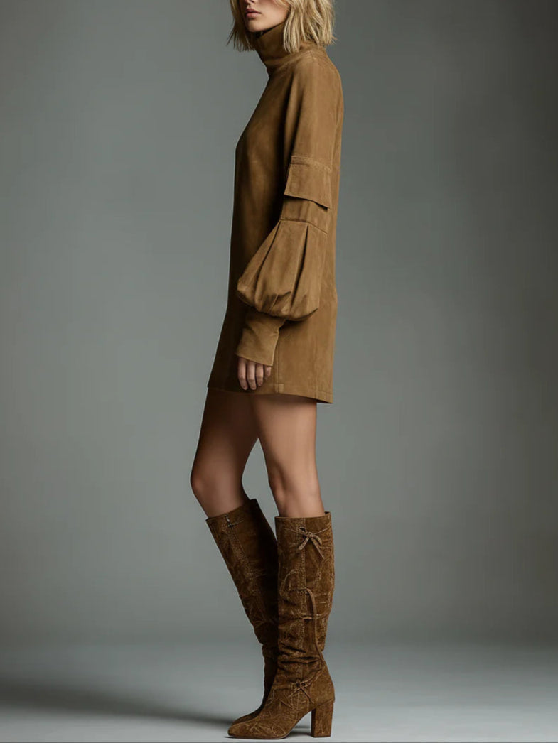 Romy | Vestido mini de ante sintético vintage con cuello alto