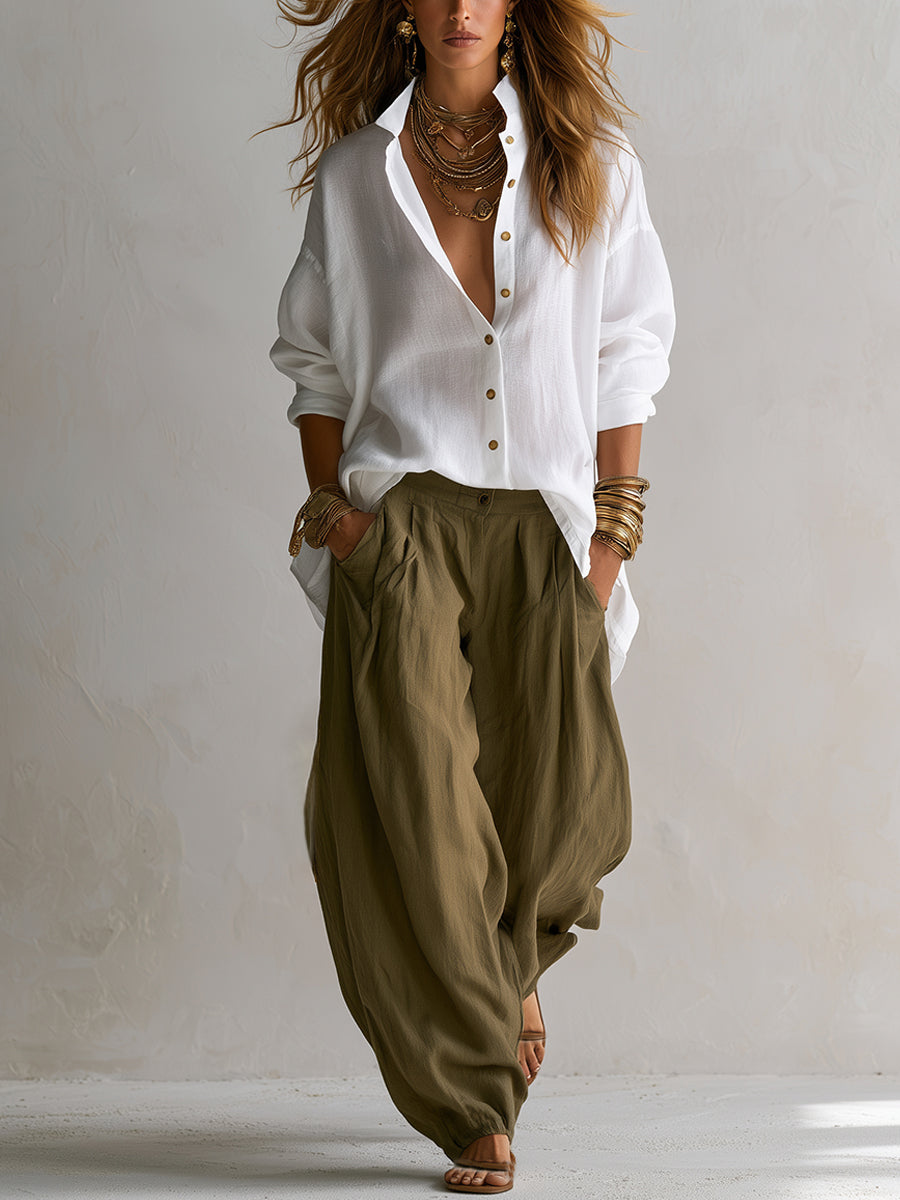 Capucine | Camisa blanca holgada y pantalones Lantern verde oliva