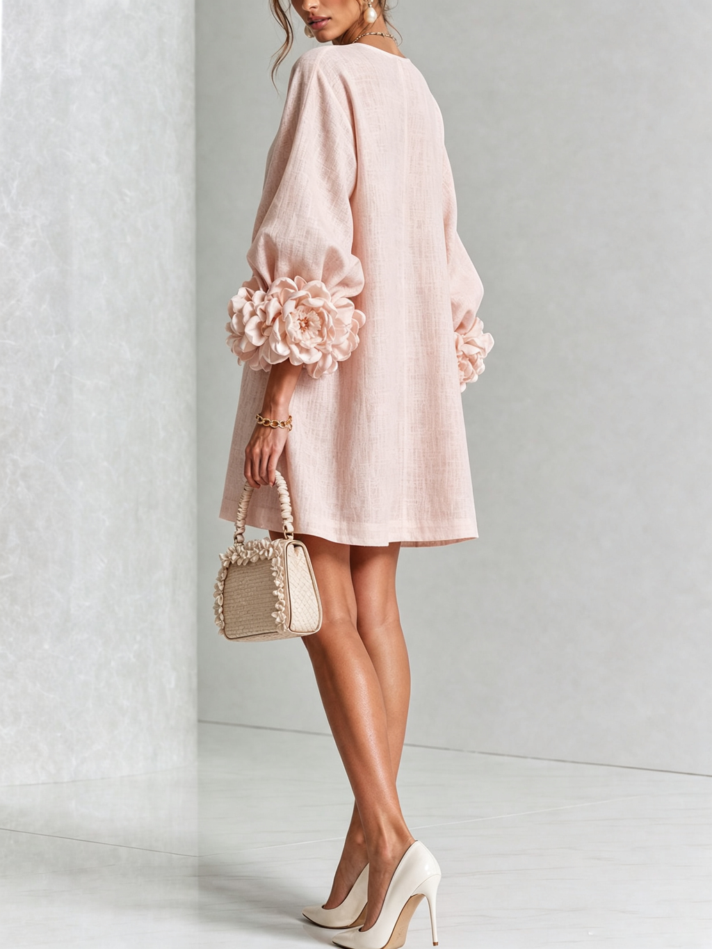 Vestido mini rosa con estampado floral y botones, con unas mangas florales sorprendentes