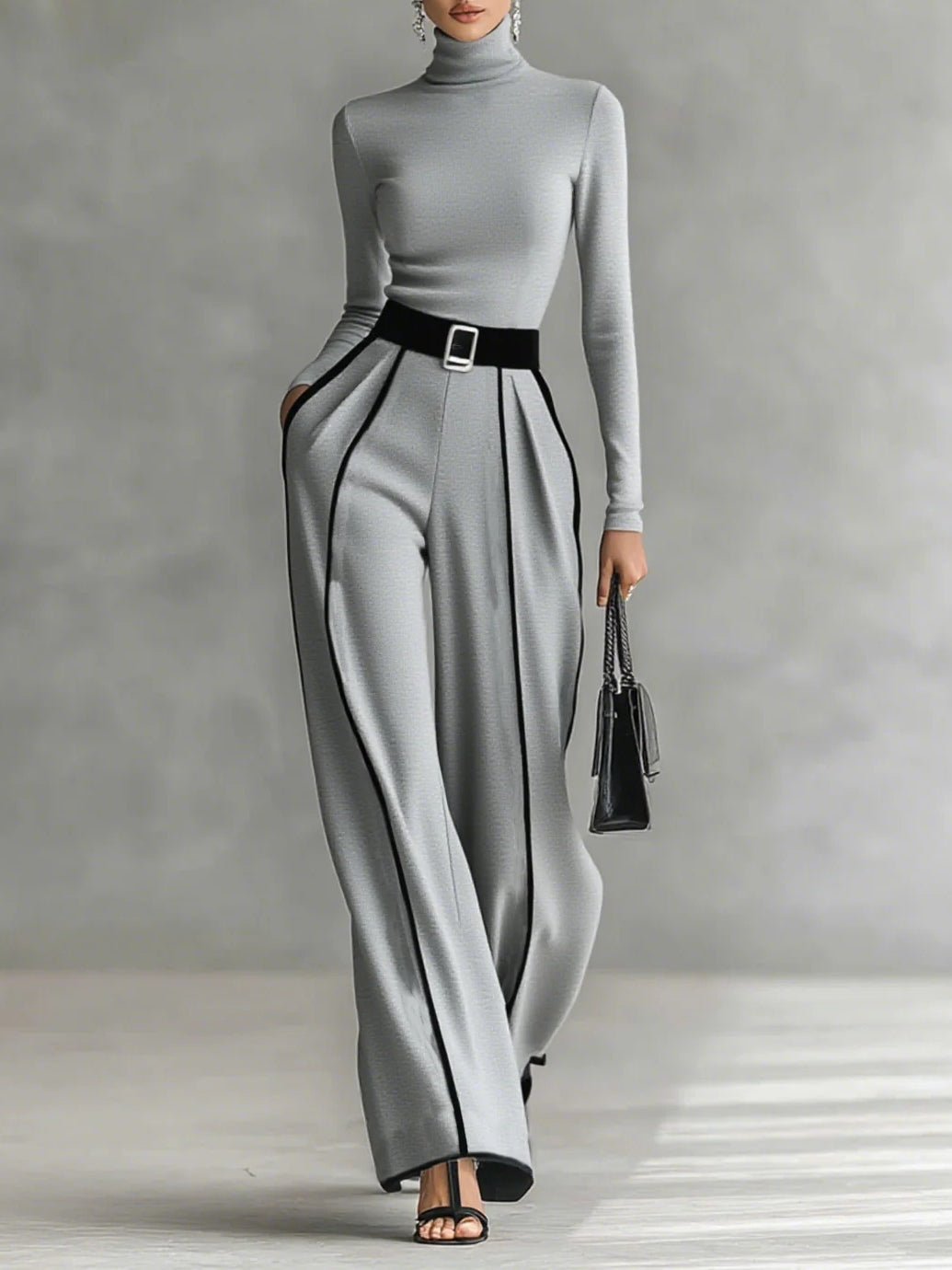 Adele | Conjunto de top de cuello alto con ribetes blancos y pantalón ancho