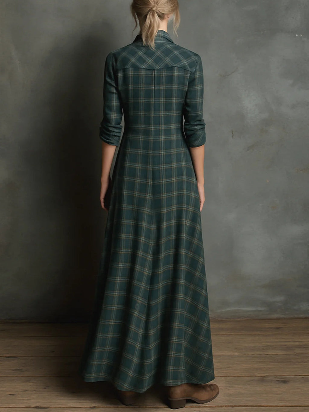 Margot | Vestido camisero largo con cuello de cuadros Vichy verde