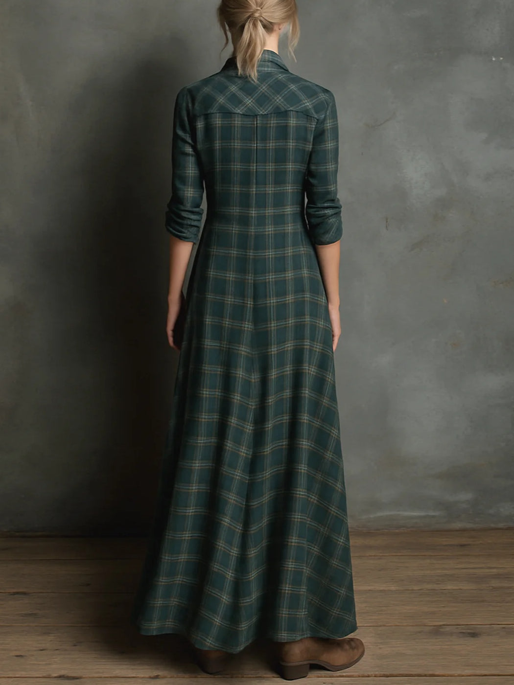 Margot | Vestido camisero largo con cuello de cuadros Vichy verde