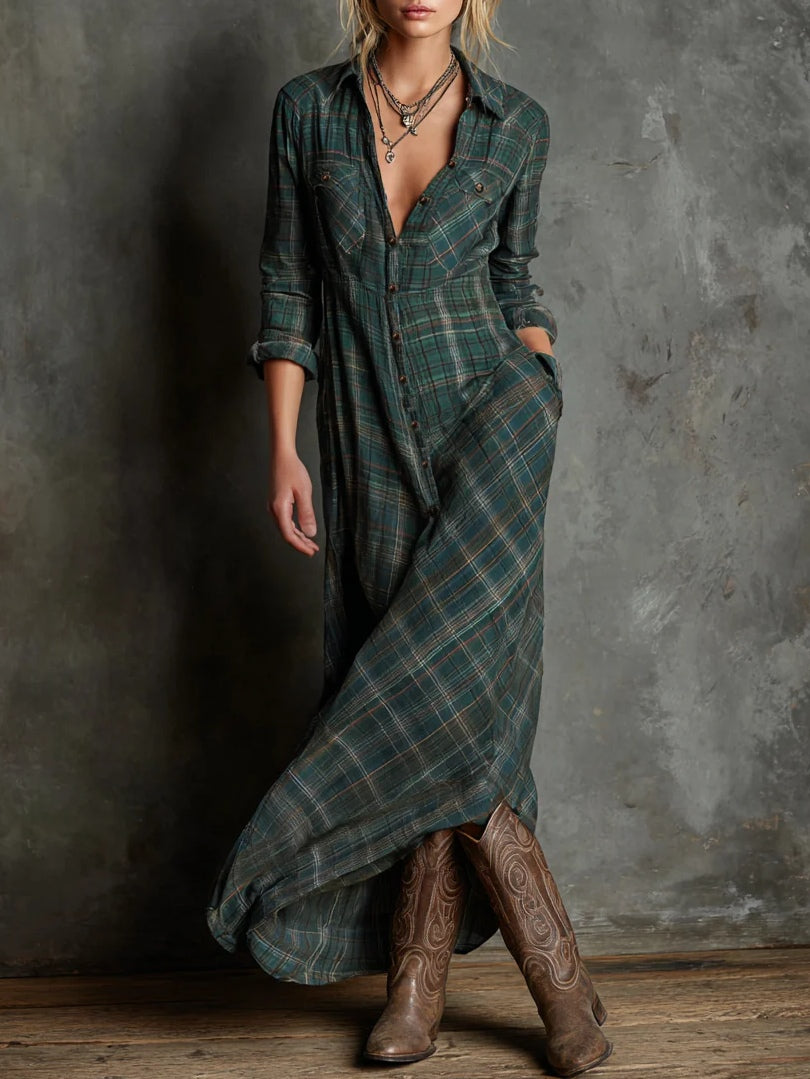Margot | Vestido camisero largo con cuello de cuadros Vichy verde