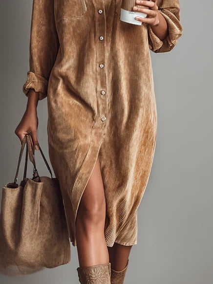 Beatrice | Vestido midi de terciopelo acanalado con bolsillos y botonadura sencilla
