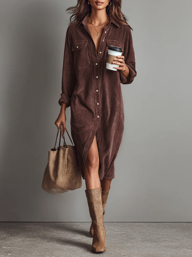Beatrice | Vestido midi de terciopelo acanalado con bolsillos y botonadura sencilla