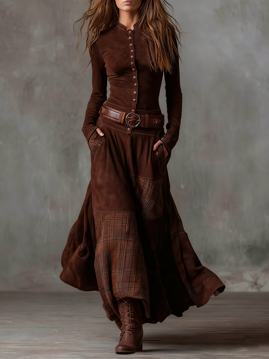 Élise | Vestido largo de efecto ante con cinturón