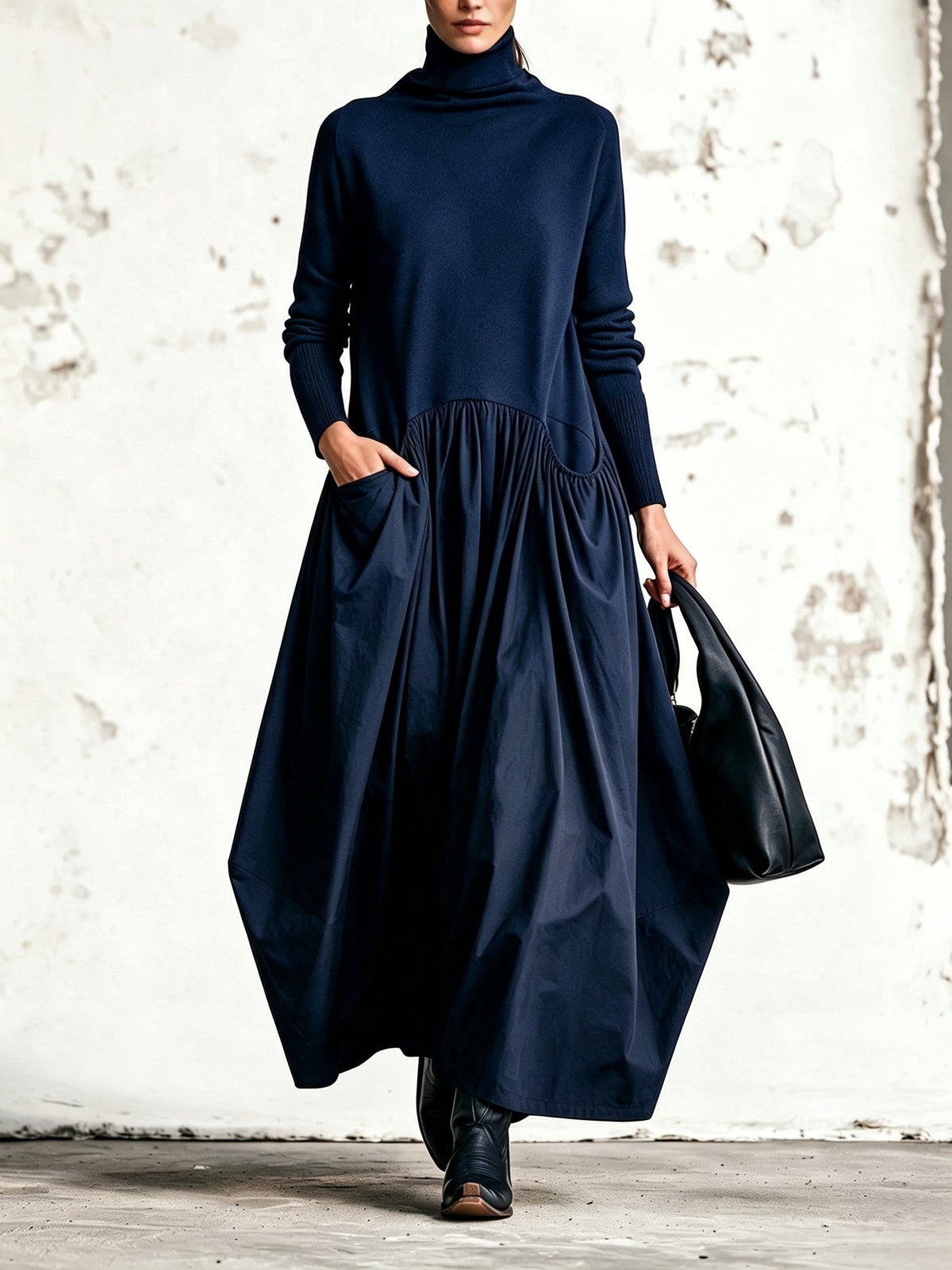 Vestido largo oversize de cuello alto con bolsillos
