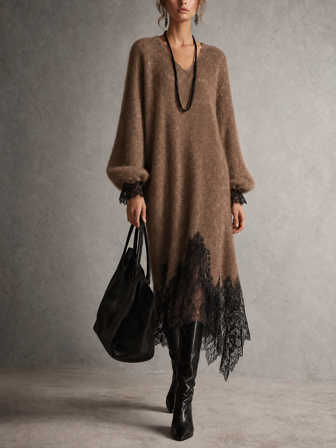 Vestido midi gris de punto con bajo de encaje