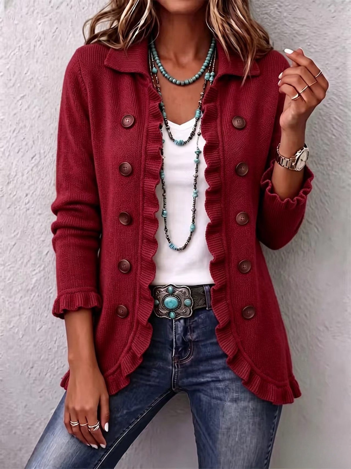 Paqui | Blazer rojo rubí con volantes
