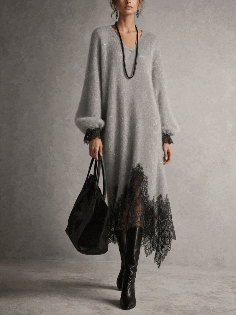 Vestido midi gris de punto con bajo de encaje