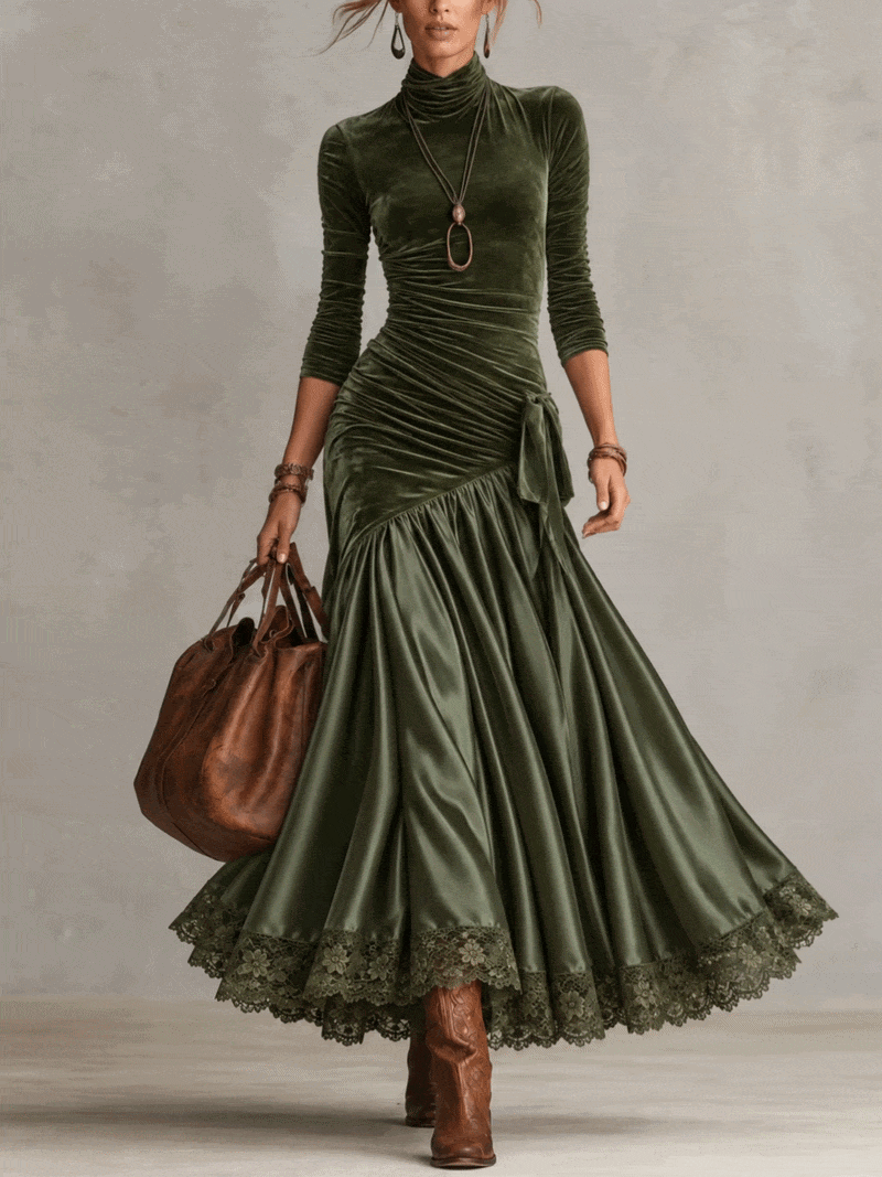 Vestido largo verde oliva con bajo de encaje