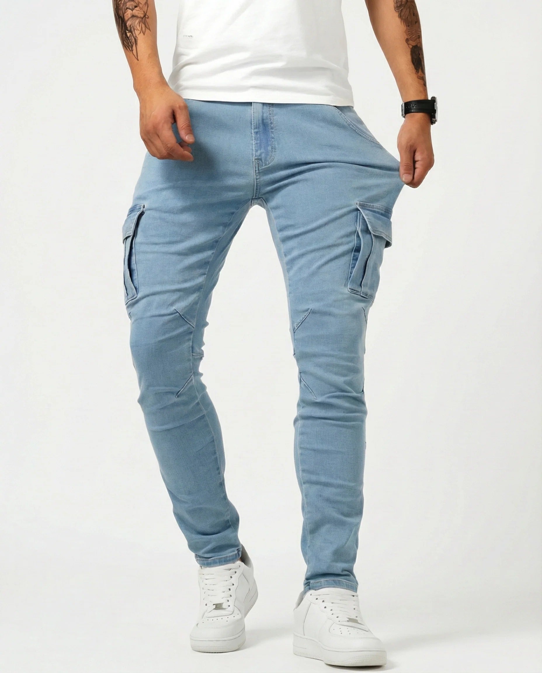 Vaquero Cargo Slim Fit Azul Claro – Estilo Urbano y Comodidad Premium