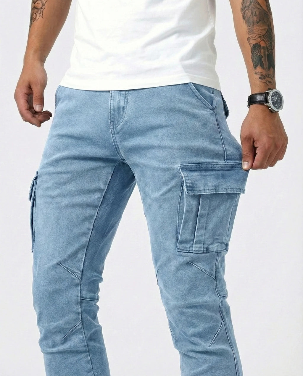 Vaquero Cargo Slim Fit Azul Claro – Estilo Urbano y Comodidad Premium