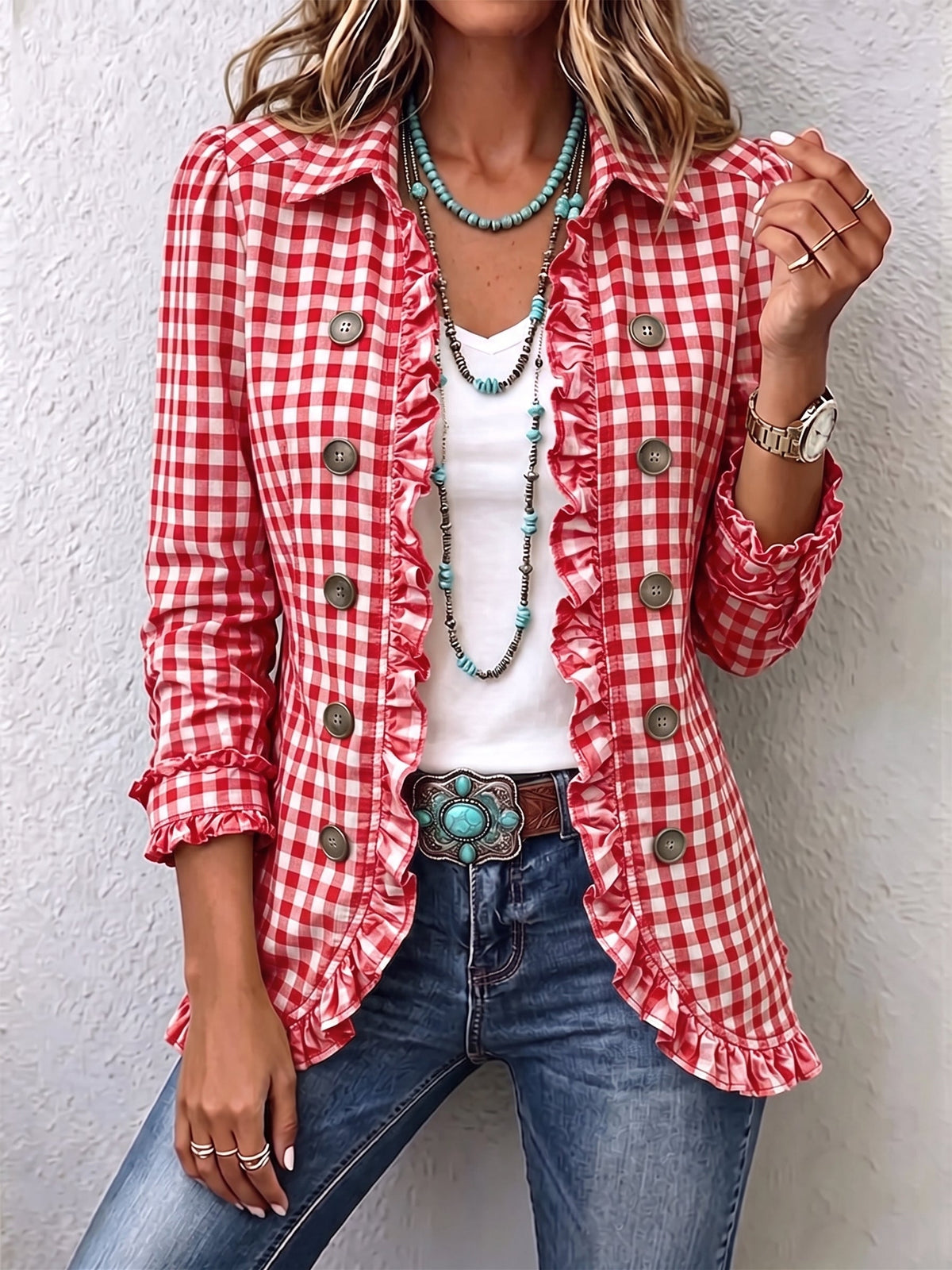 Rebeca | Blazer de Cuadros Vichy con Volantes