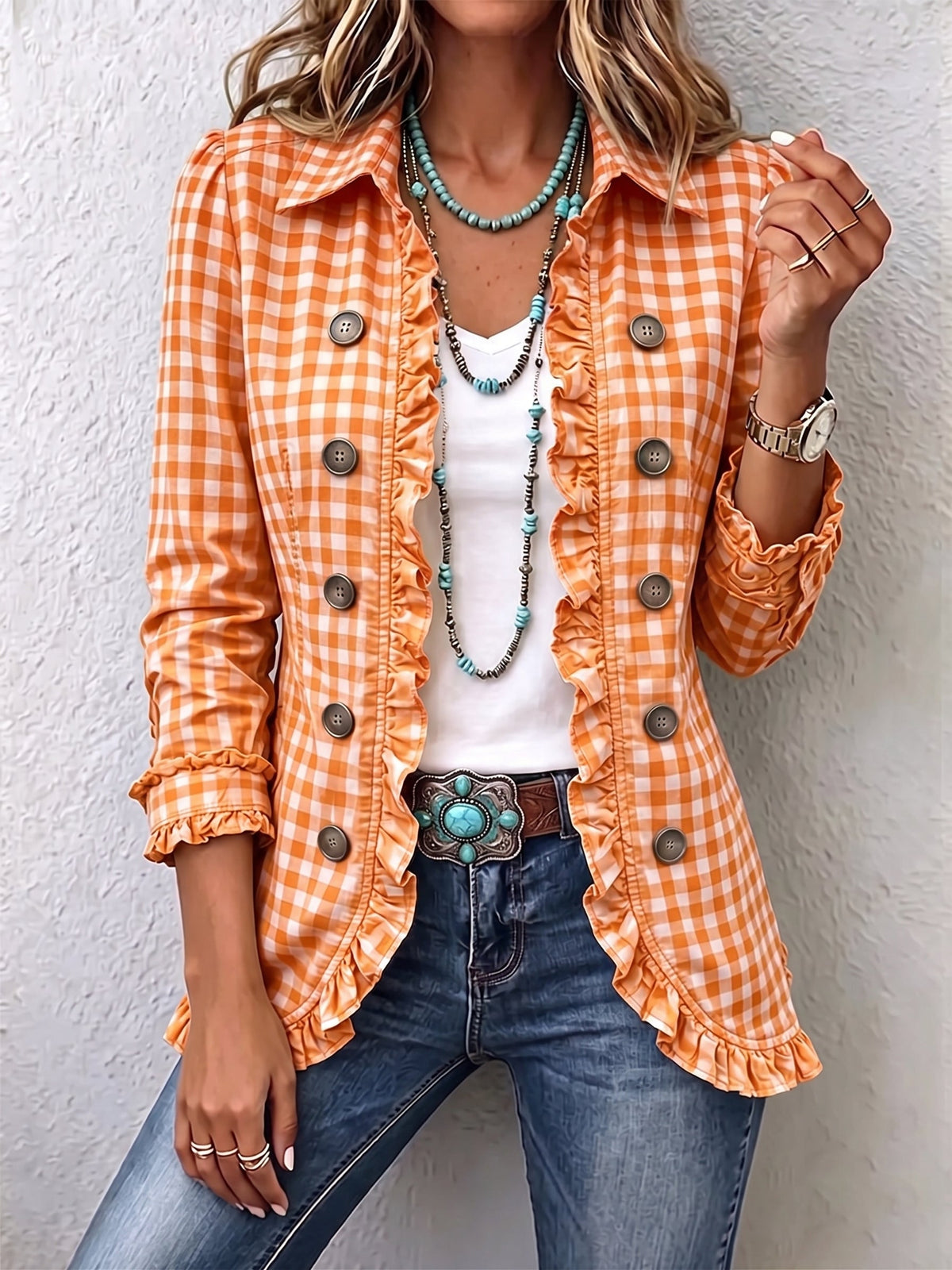 Rebeca | Blazer de Cuadros Vichy con Volantes