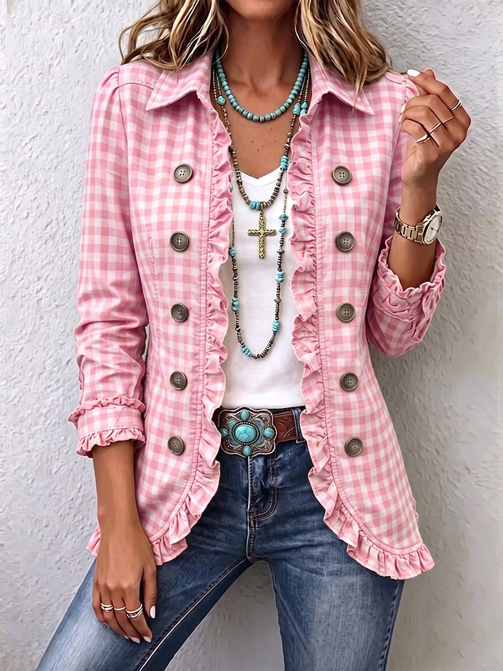 Rebeca | Blazer de Cuadros Vichy con Volantes