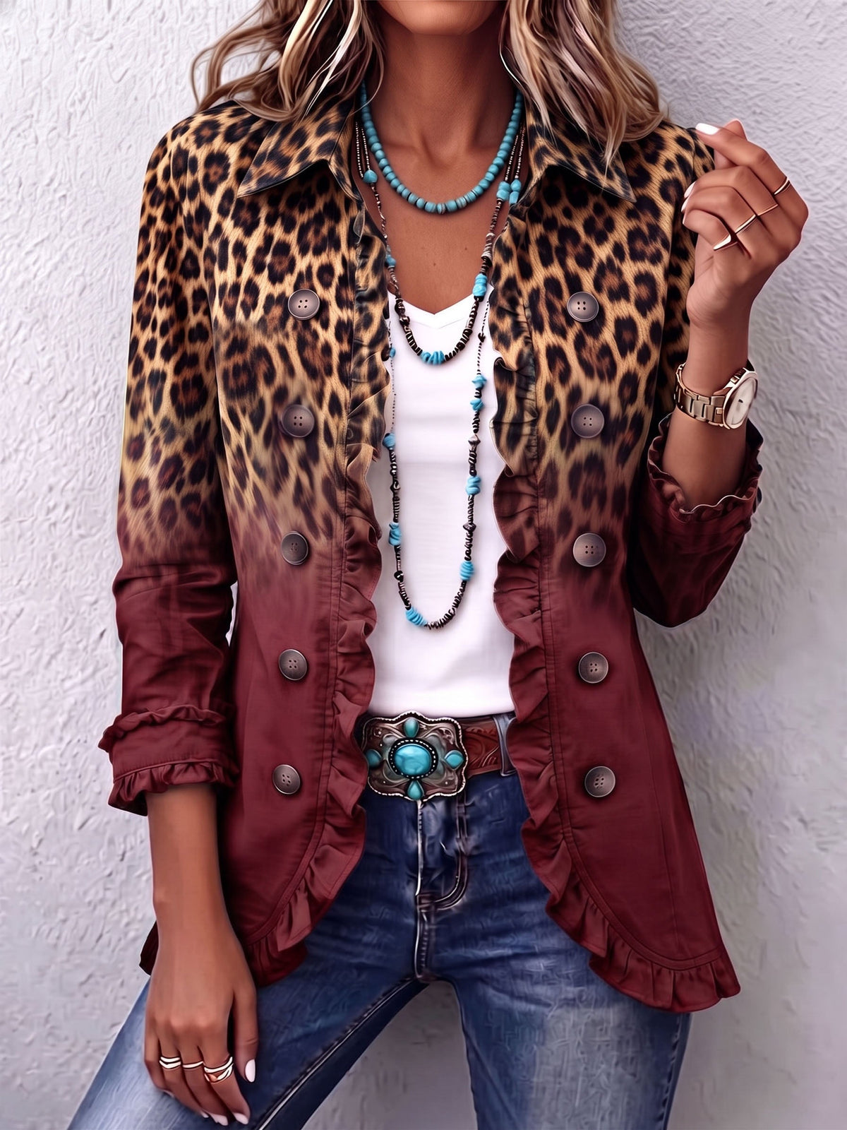 Juana | Blazer leopardo color vino con volantes
